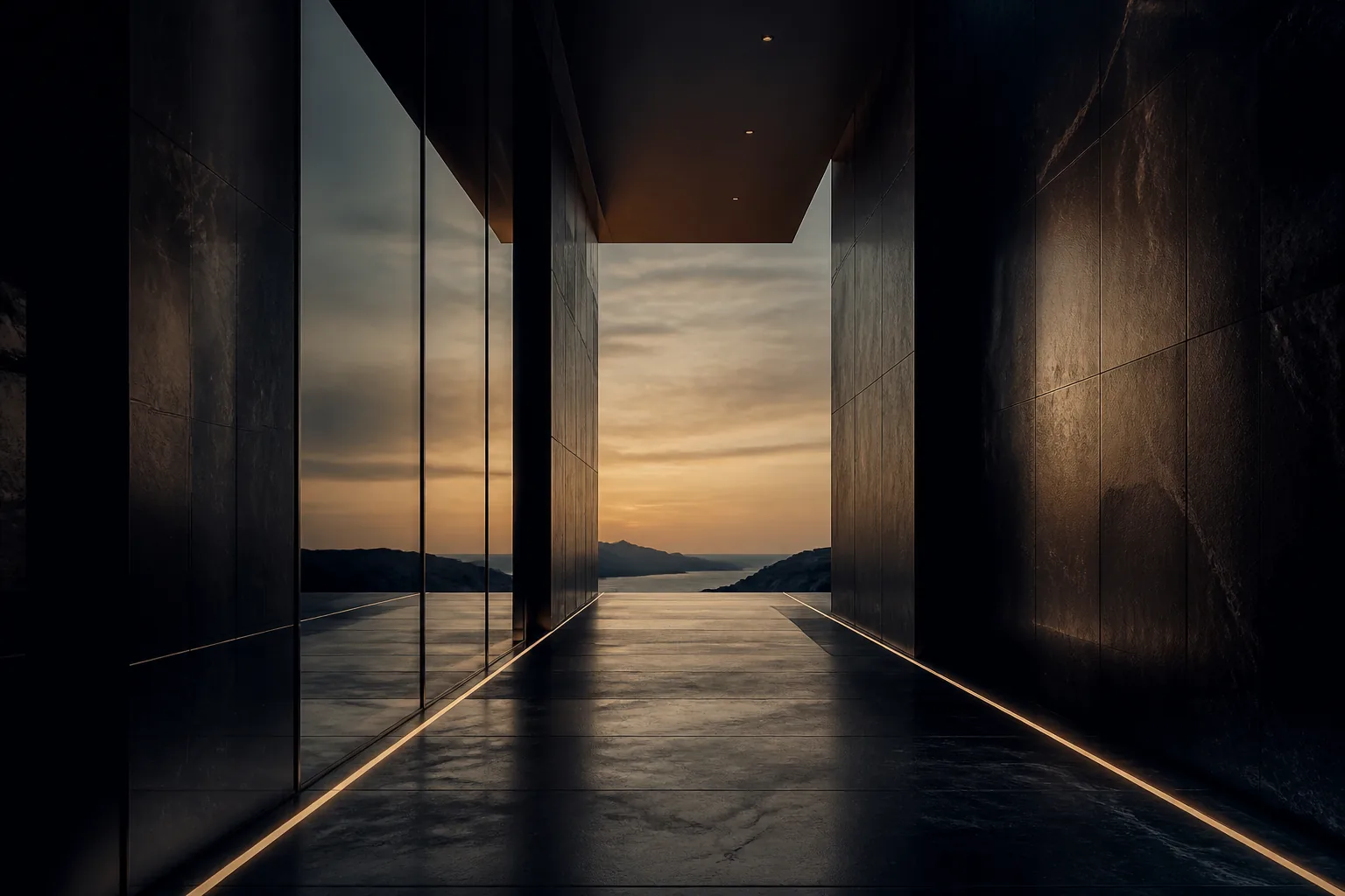 A precise architectural passage opening toward a warm horizon